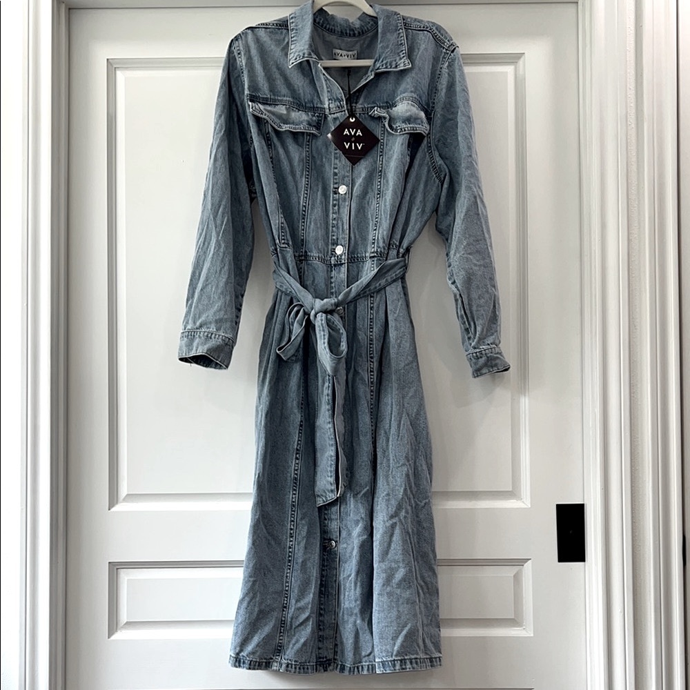 NEW Ava & Viv Blue Long Sleeve Tie Front Dress